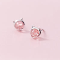 Small Peach Blossom Strawberry Crystal Cute Kitten Earrings
