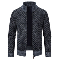 Thickened Plaid Print Jacket Cardigan Slim Fit Zipper Stand Collar Sweater (Mens)
