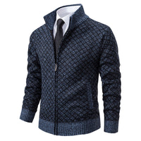 Thickened Plaid Print Jacket Cardigan Slim Fit Zipper Stand Collar Sweater (Mens)
