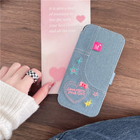 Denim Embroidery Heart Flip Cover iPhone Case
