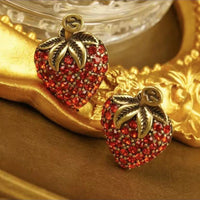 Red Rhinestone Strawberry Vintage Bronze Earrings
