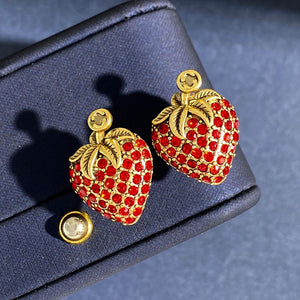Red Rhinestone Strawberry Vintage Bronze Earrings