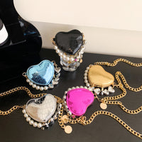 Mini Love-shape Pearls Handbag Fashion Cute Chain Lipstick Bag Women's Bright Candy Color Shoulder Messenger Bag
