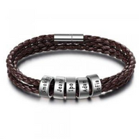 Braided Genuine Leather Bracelet Personalized Stainless Steel Beads Name Charm Bracelet
