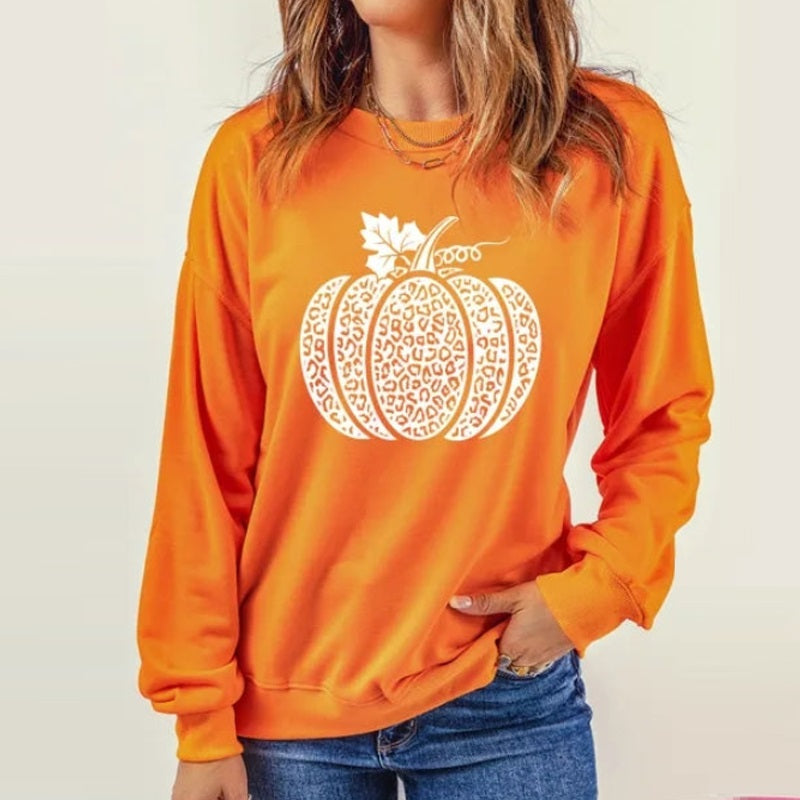 Sweat-shirt à col rond et épaules dénudées à motif de citrouille