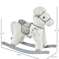 White Plush Rocking Horse With Bear Toy For Kids, Soft   Sound Rocker, Ideal For Nursery  Playtime