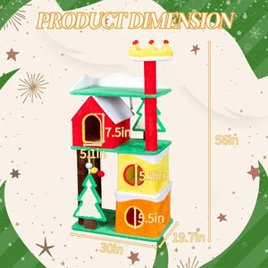 56in Christmas Themed Plush Cat Tree, Multi-level Cat Tower With Cat Condos, Top Crown Perch, Sisal Ramp Scratching Posts, Large Cat Pet Activity Center For Indoor Cats
