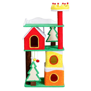56in Christmas Themed Plush Cat Tree, Multi-level Cat Tower With Cat Condos, Top Crown Perch, Sisal Ramp Scratching Posts, Large Cat Pet Activity Center For Indoor Cats