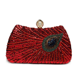 Beaded Peacock Feather Large Pearl Rhinestone Handbag