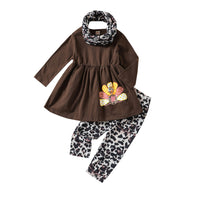 Autumn Young And Little Girls Suit European And American Thanksgiving Suit Turkey Print Top And Trousers Scarf Three-piece Set
