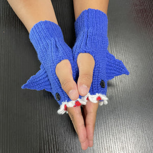 New Cartoon Grey Shark Warm Half Finger Knitted Gloves