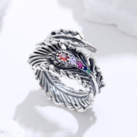 Diseño estereoscópico de plata de ley S925, sensación de pluma de pavo real Retro y desgastada con anillo de circonio colorido
