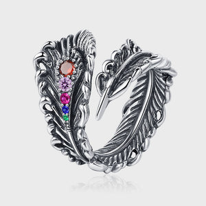Diseño estereoscópico de plata de ley S925, sensación de pluma de pavo real Retro y desgastada con anillo de circonio colorido