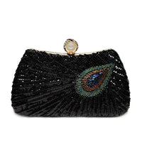 Beaded Peacock Feather Large Pearl Rhinestone Handbag
