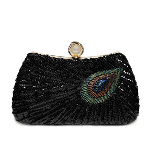 Beaded Peacock Feather Large Pearl Rhinestone Handbag