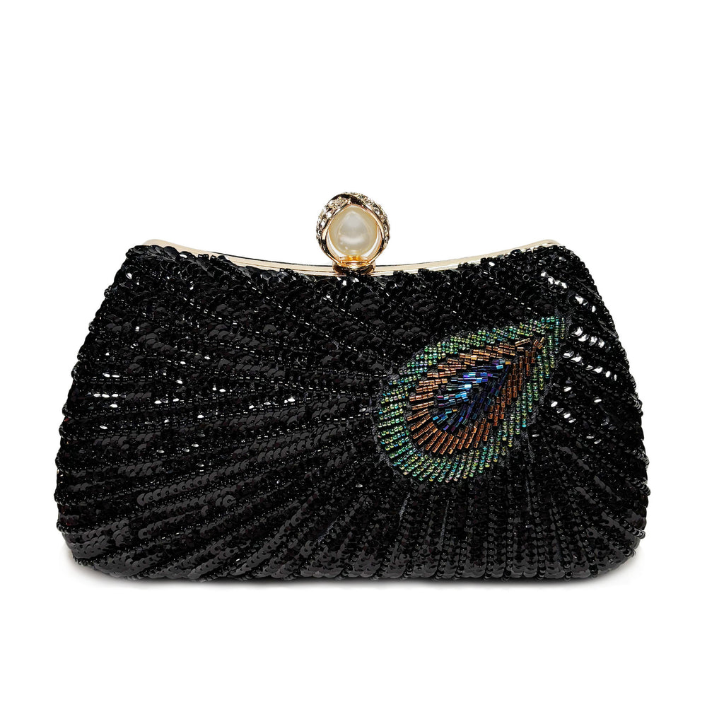 Beaded Peacock Feather Large Pearl Rhinestone Handbag