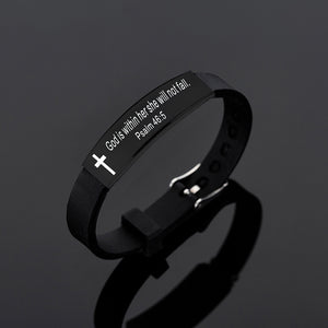 Bracelet réglable en silicone avec breloques en acier inoxydable avec verset biblique de la croix chrétienne 