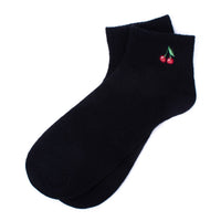 Calcetines de canalé con bordado de cerezas y corte bajo para mujer-LNVS3002: Negro
