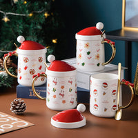 Santa Hat Lid Ceramic Bowknot Handle Christmas Mugs
