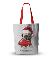 Canvas Christmas Pug Print Tote Bags
