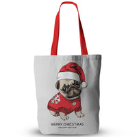 Canvas Christmas Pug Print Tote Bags