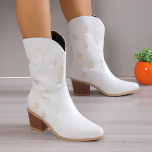 Women's Embroidered Knight Boots Winter Pointed Toe Chunky Heel Long Western Boots