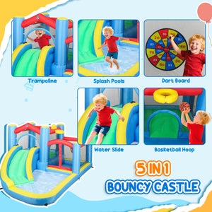 Inflatable Water Slide Bounce House W 550W Blower, Large Trampoline, Splash Pool, Basketball Hoop, Dart Board