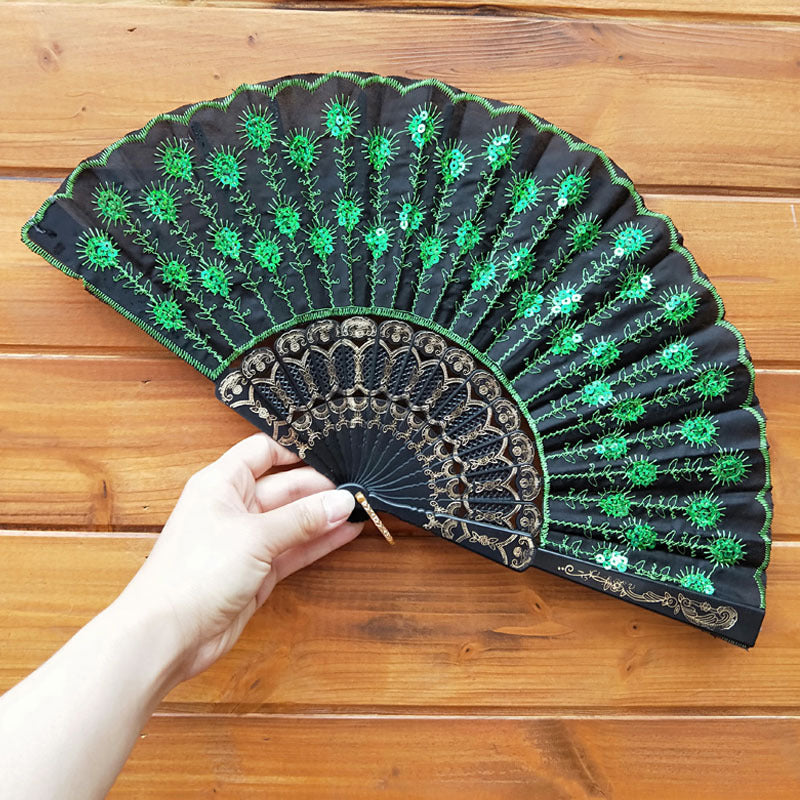 Chinese Style Peacock Tail Sequin Dance Folding Fan
