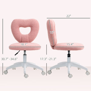Armless Computer Desk Chair, Office Task Chair, Teddy Fleece Heart Makeup Vanity Chair With Swivel Wheels