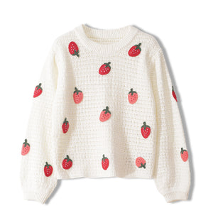 Strawberry Crew Neck Long Sleeve Knit Sweater
