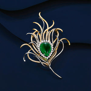 Emerald Two-color Electroplated Zircon Set Peacock Feather Brooch