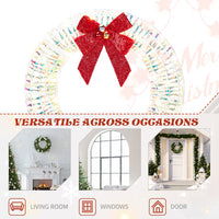 24in Pre-lit Iridescent Outdoor Christmas Wreath Decoration, Lighted Metal Wreath With Red Bow, Warm White LED Lights, For Front Door Gate Wall Indoor Outdoor Holiday Party
