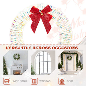24in Pre-lit Iridescent Outdoor Christmas Wreath Decoration, Lighted Metal Wreath With Red Bow, Warm White LED Lights, For Front Door Gate Wall Indoor Outdoor Holiday Party