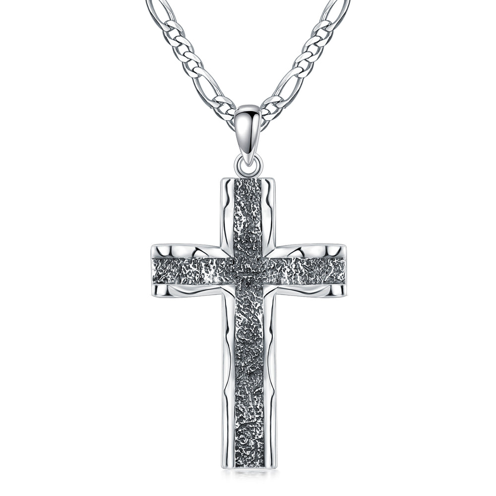 Colgante de cruz de plata de ley 925 con cadena Figaro de acero inoxidable Collar de cruz oxidada