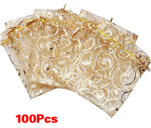 Gold Scroll Organza Gift Bags (100 Pcs)