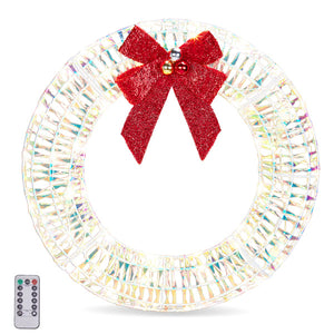 24in Pre-lit Iridescent Outdoor Christmas Wreath Decoration, Lighted Metal Wreath With Red Bow, Warm White LED Lights, For Front Door Gate Wall Indoor Outdoor Holiday Party