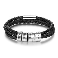 Bracelet tressé en cuir véritable, perles en acier inoxydable personnalisées, bracelet à breloques avec nom

