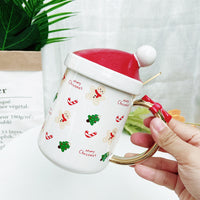 Santa Hat Lid Ceramic Bowknot Handle Christmas Mugs
