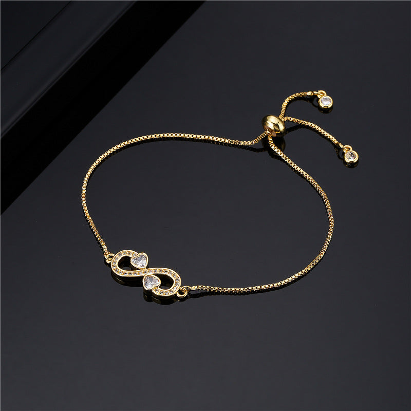 Pull Adjustable Brass Micro-set Zircon Heart Infinity Charm Bracelet Women