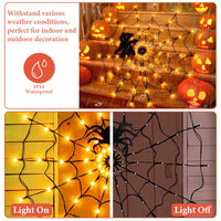 3.28FT Spider Web Light With Hairy Spider 70LED Battery Powered Remote Control 8 Lighting Modes Glowing Outdoor Indoor Wall Halloween Decoration