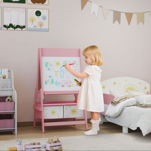Art Easel , Double-Sided Whiteboard & Chalkboard With Paper Roll, Storage Baskets , Pink