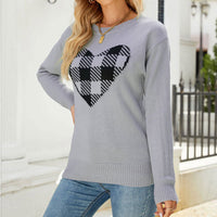 Women's Loose Sweater Round Neck Fashion Pullover Plaid Love Sweater Women
