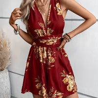 V-neck Sleeveless Backless Floral Print Shorts Jumpsuit