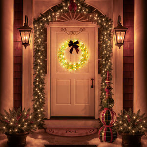 24in Pre-lit Iridescent Outdoor Christmas Wreath Decoration, Lighted Metal Wreath With Red Bow, Warm White LED Lights, For Front Door Gate Wall Indoor Outdoor Holiday Party