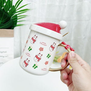 Santa Hat Lid Ceramic Bowknot Handle Christmas Mugs