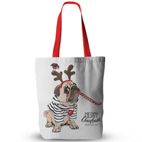 Canvas Christmas Pug Print Tote Bags