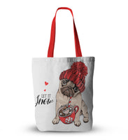 Canvas Christmas Pug Print Tote Bags
