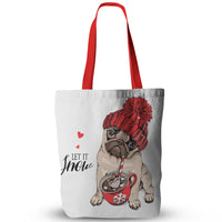 Canvas Christmas Pug Print Tote Bags