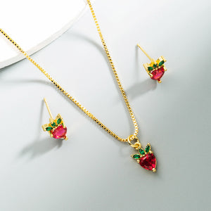 Strawberry Pineapple Pure Copper Stud Earrings Necklace Set