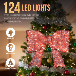 Pre-lit Outdoor Giant Bowknot Christmas Decoration, Lighted Metal Frame With 124 Warm White LED Lights, For Front Door Gate Wall Indoor Outdoor Holiday Party, Red